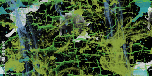 Abstract digital texture filled with luminous neon green clouds and smoky patterns. Splash green photo on black background Texture of rich, chaotic, and fluid, evoking a high-energy, 