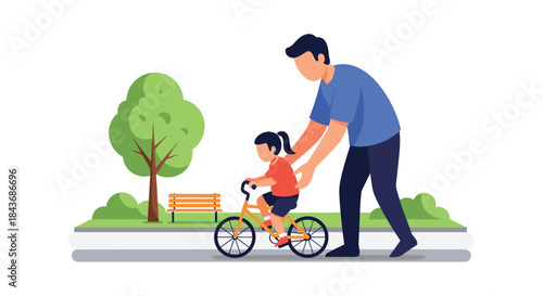 Caring father teaching his young daughter how to ride a bicycle for the first time in a green park on a sunny day.