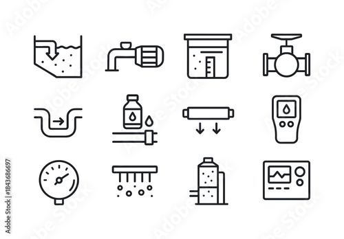 Water Treatment Icons. Water treatment systems. Line icon set of