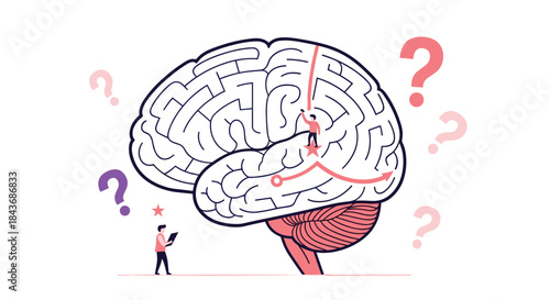 Tiny people navigating a complex maze inside a human brain, representing problem-solving, psychology, and understanding the mind.
