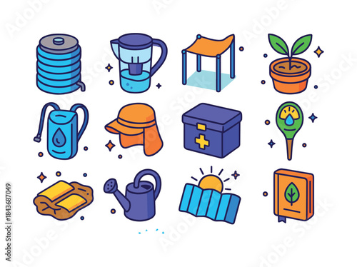 Drought Survival Icons. Surviving drought. Colorful isometric ve