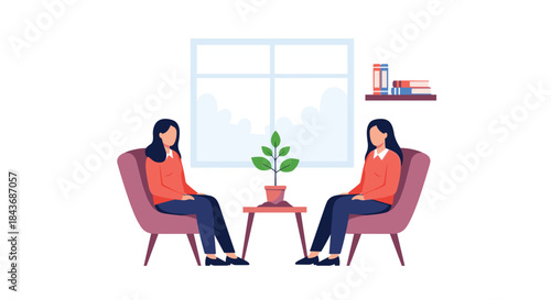 Two identical women sitting face to face in chairs and having a calm discussion, representing self-talk or communication.