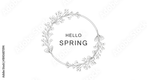Delicate circular floral frame embraces the message hello spring in a light airy design that evokes renewal and seasonal freshness.