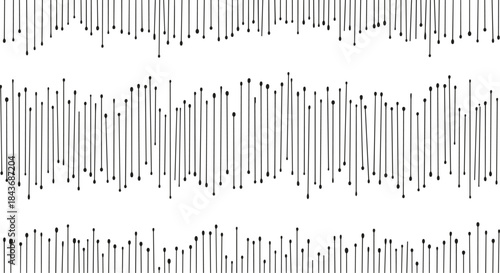 Abstract vertical line and dot pattern creating rhythmic geometric design across a white background with three repeating bands and varied line heights.