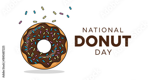 National Donut Day celebration featuring a chocolate glazed donut with colorful sprinkles beside the bold National Donut Day text.