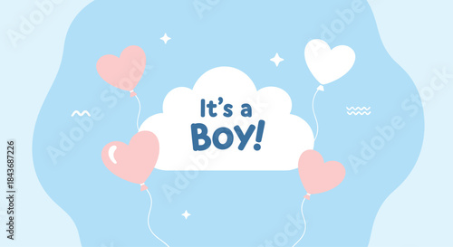 It's a cheerful baby boy announcement with a soft blue cloud backdrop heart shaped balloons and friendly stars celebrating a new arrival.
