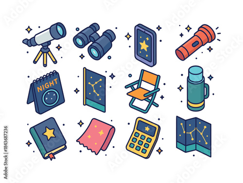 Skywatching Essentials Icons. Skywatching. Colorful isometric ve