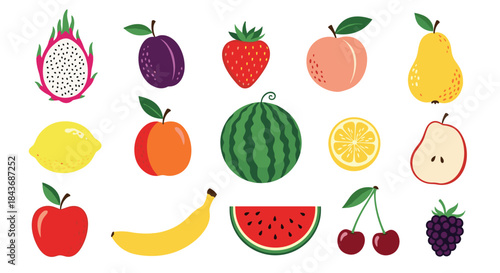 Colorful assortment of fresh fruits including dragon fruit plum strawberry peach pear lemon apricot watermelon apple banana cherries and grapes.