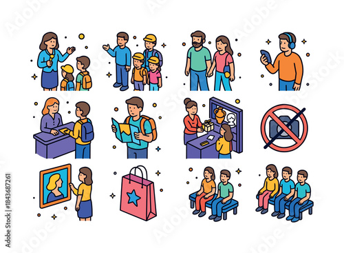 Museum Visit Icons. Museum visitors. Colorful isometric vector i
