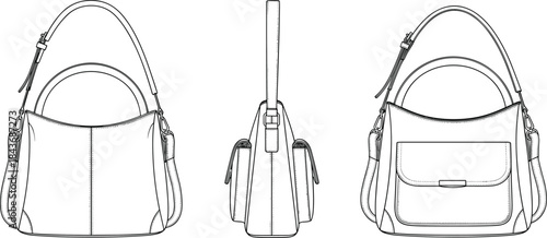 Women's Hobo Handbag Technical Fashion Illustration, Front Side Back Views, Adjustable Shoulder Strap, Exterior Flap Pocket, CAD Drawing Accessories Vector Template.