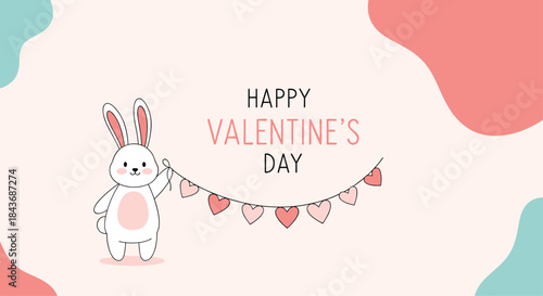 Happy Valentine's Day illustration showing a cute white bunny holding a string of heart shapes with soft pastel accents and a gentle celebratory mood.