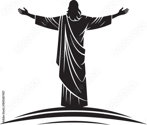 Abstract Black Silhouette of Jesus Christ with Open Arms Expressing Love Faith Forgiveness Christian Spiritual Symbol