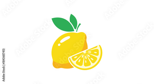 Bright yellow lemon with a fresh green leaf beside a sliced wedge showing juicy segments on a clean white background highlighted by natural light.
