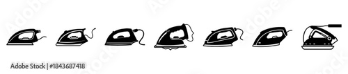 Modern black and white electric irons, essential vector icons for laundry and household tasks.