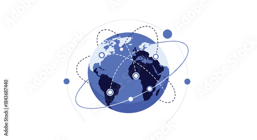 Blue globe showing a global network of connections with dotted lines and points, representing worldwide communication and data.