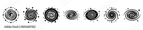 Abstract cosmic spiral galaxy icons, perfect for science and technology design elements.