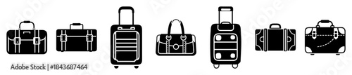 Black and white travel luggage icons set, essential symbols for tourism and vacation.