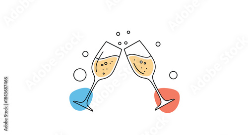 Two champagne flutes clink together in a festive toast as bubbles rise and celebrate a joyful moment with bright colors and cheerful mood.