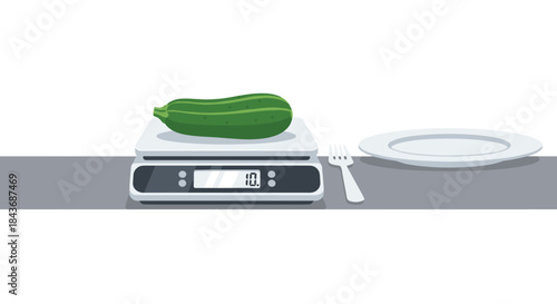Fresh zucchini on a digital kitchen scale next to an empty plate and fork, representing dieting and calorie counting.