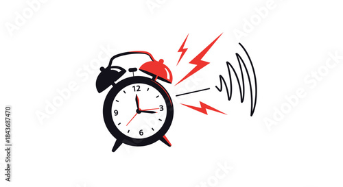 Vintage alarm clock rings loudly as red lightning lines and sound waves shoot outward from its bells to wake up a busy morning.