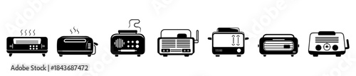 Modern minimalist black toaster kitchen appliance icons for digital interface design concepts.