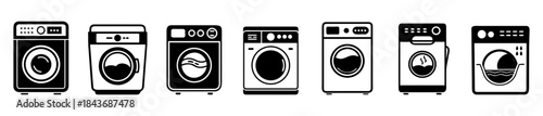 Modern black and white washing machine icons for home appliance interface design.