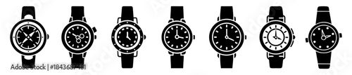 Various elegant black and white wristwatch icons for fashion and time concepts.