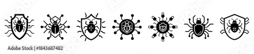 Modern digital cybersecurity virus and malware protection icons for technology applications.