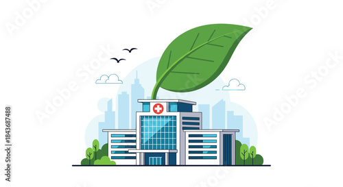 Modern hospital building with a large green leaf growing from the roof, symbolizing green, eco-friendly healthcare and nature.