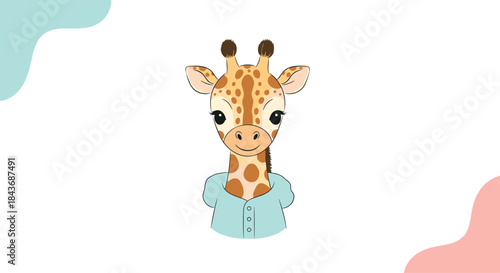 Charming illustrated giraffe wearing a light blue shirt stands calmly on a clean white background with pastel colored shapes in the corners.
