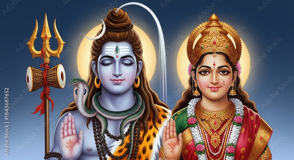 Fototapeta premium Shiv Parvati Divine Union. Sacred 4K Wallpaper.