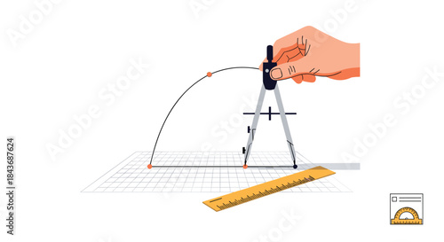 Hand of a designer or student using a drawing compass to draft a geometric shape on grid paper, with a ruler and protractor nearby.