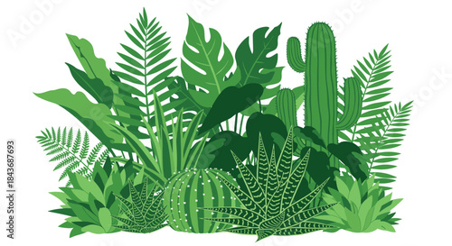 Lush assortment of tropical plants and succulents arranged in a dense green jungle scene with varied leaf shapes textures and layered foliage creating a vibrant botanical collage.