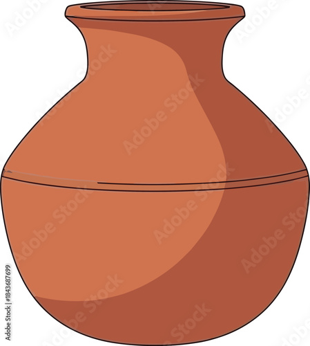 Traditional terracotta clay pot or earthenware vessel with a rounded body and narrow neck, isolated on white background