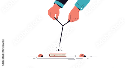 Conceptual image of two hands using a dowsing rod to find a book, symbolizing the quest for knowledge, information discovery, or finding answers.