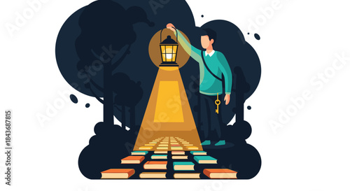 Young man with a lantern illuminating a path made of books through a dark forest, symbolizing knowledge and education as a guide to the future.