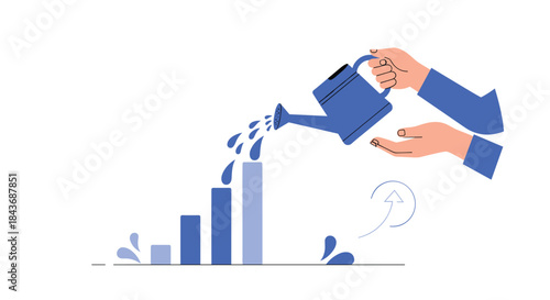 Hands watering a growing bar chart with a watering can, a creative metaphor for nurturing business investment, financial growth, and success.