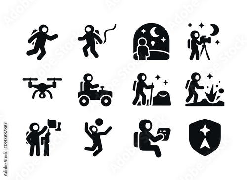 Space Adventure Icons. Space adventure activities. Solid icon se