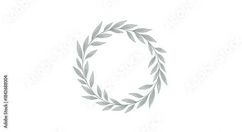 Circular laurel wreath composed of gray green leaves forming a delicate border around a white background suitable for minimalist design and awards themes.