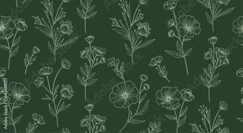Green botanical pattern flows across a green surface with delicate white floral line drawings forming a seamless motif for textiles and wallpaper.