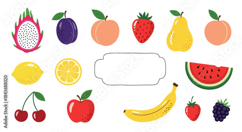 Brightly colored fruit collage featuring dragon fruit plum peach strawberry pear lemon watermelon cherries apples and bananas in a playful illustration.