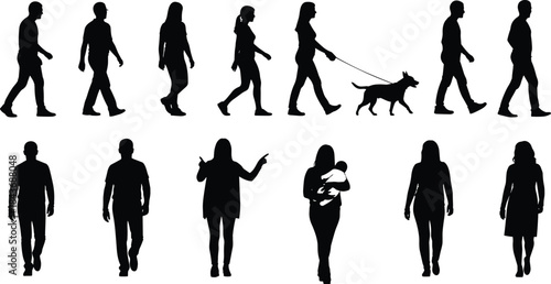 Walking people, standing poses, pointing, holding baby, dog walker, diverse silhouettes, urban motion, human activity, flat vector illustration