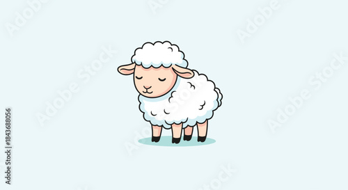 Fluffy cartoon sheep stands peacefully on a pale blue background with a soft woolly coat and a gentle face evoking calm warmth and wholesome charm.