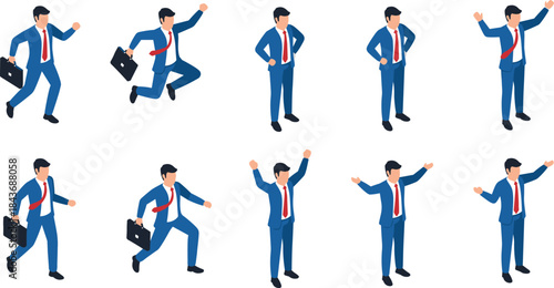 Business poses, walking, jumping, standing, celebrating, briefcase, blue suit, red tie, isometric figure, corporate action, flat vector illustration
