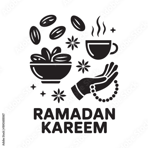 Ramadan kareem illustration with dates coffee prayer beads and a welcoming hand