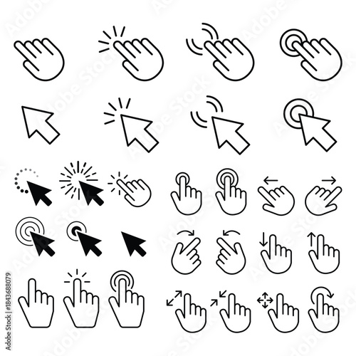 Collection of various black and white hand cursor icons displayed in a grid