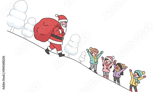 Santa claus leads happy children down a snowy hill