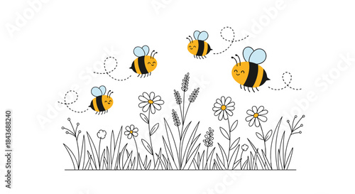 Bees buzz merrily over a sunlit meadow filled with daisies tall grasses and wildflowers while petals shimmer and wings trace playful patterns across the breeze.