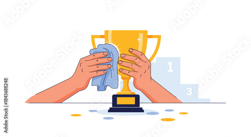 Close-up of hands carefully polishing a gleaming gold trophy cup in front of a winner's podium, celebrating achievement, success, and victory.