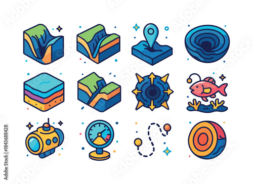 Oceanic Trench Icons. Oceanic trenches. Colorful isometric vecto